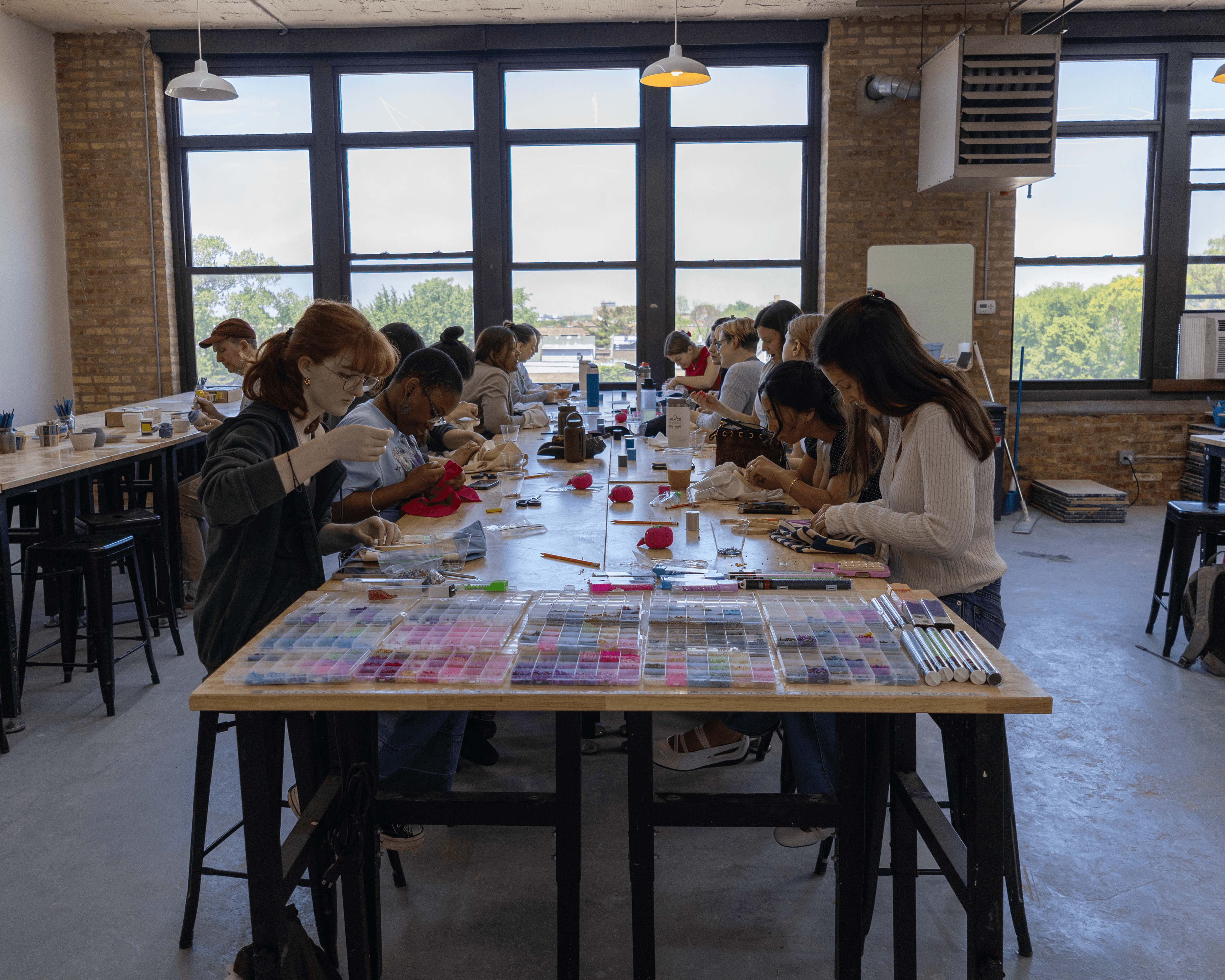 Beaded embroidery workshop in session at Mixed Mediums Chicago