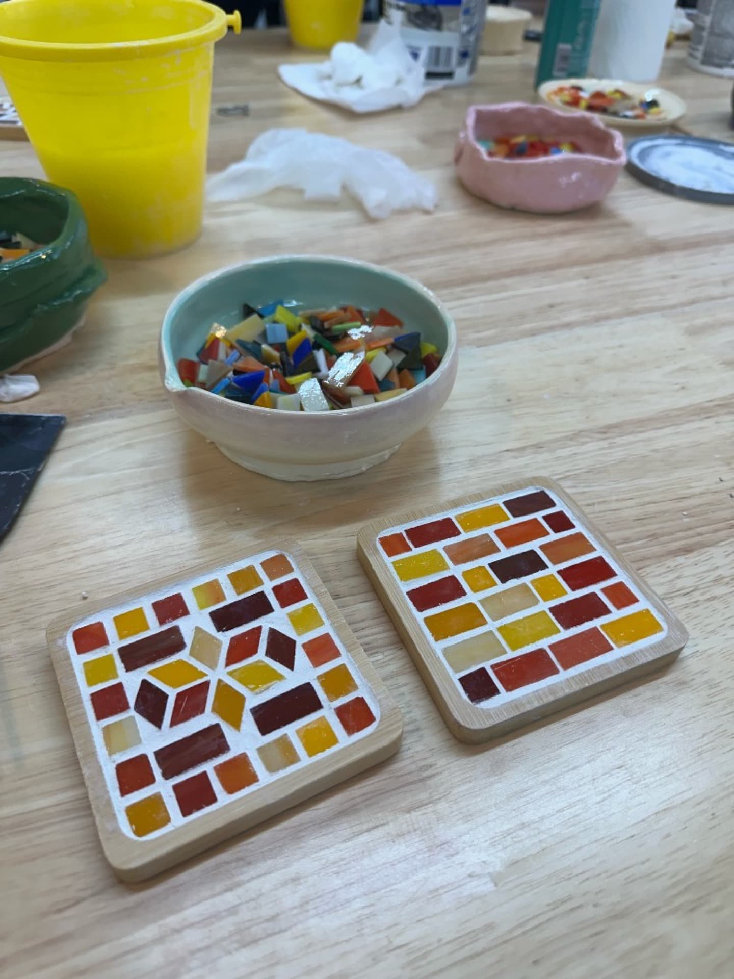 Finished mosaic coasters ready to take home